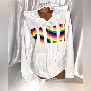 Victorias Secret Pink Hoodie Full Zip Rainbow Logo Fleece White XL NWT
